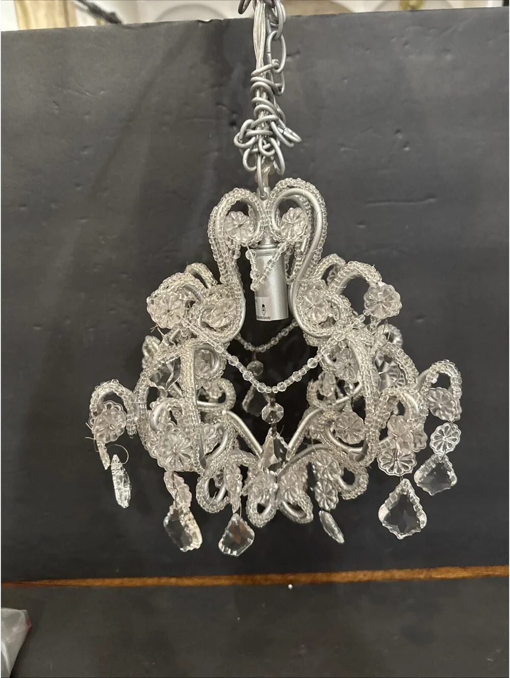 New Clear Beaded Crystal 1-Lt Chandelier W Swag Silver Hardware 11” H By 8.5” W